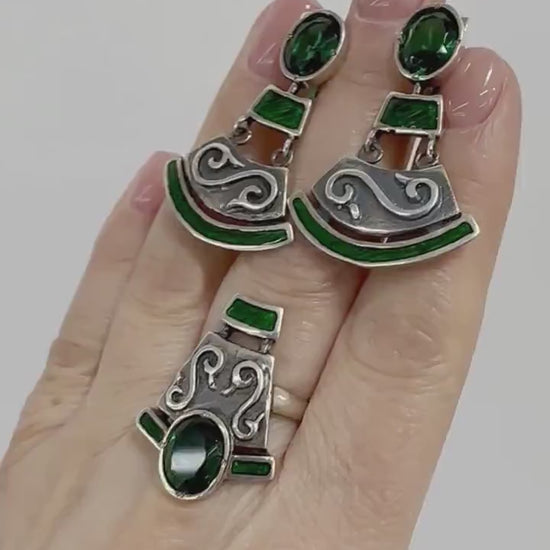 Sterling Silver Tribal Jewelry Earrings and Ring Set Handcrafted Big Boho Dangle Drop Earrings Large Silver Ring CZ Ethnic Gift for Women