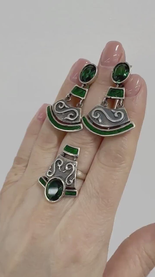 Sterling Silver Tribal Jewelry Earrings and Ring Set Handcrafted Big Boho Dangle Drop Earrings Large Silver Ring CZ Ethnic Gift for Women