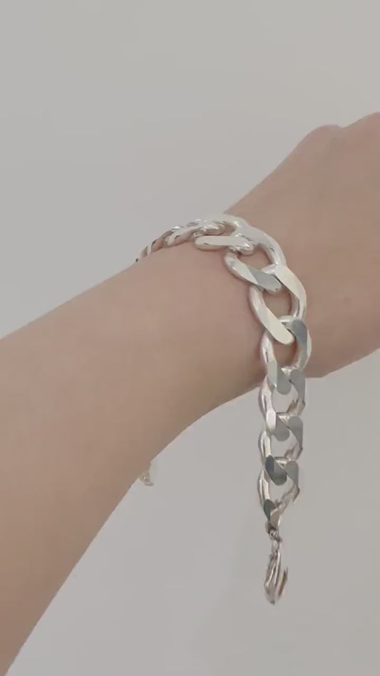 Chunky Sterling Silver Mens Cuban Chain Bracelet 15 mm Brutalist Chain Link Bracelet Cool Man Jewelry Statement Handmade Bracelet Gift Him