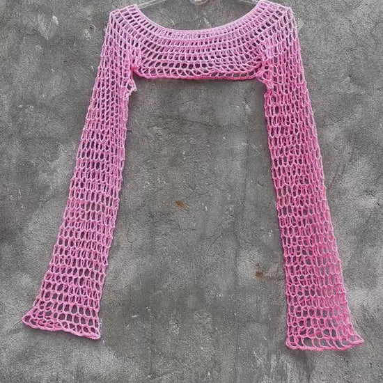 Crochet long sleeve mesh crop top pattern ladies Trendy y2k crop top See through top Easy crochet top lace sleeves Crochet shrug Fishnet top