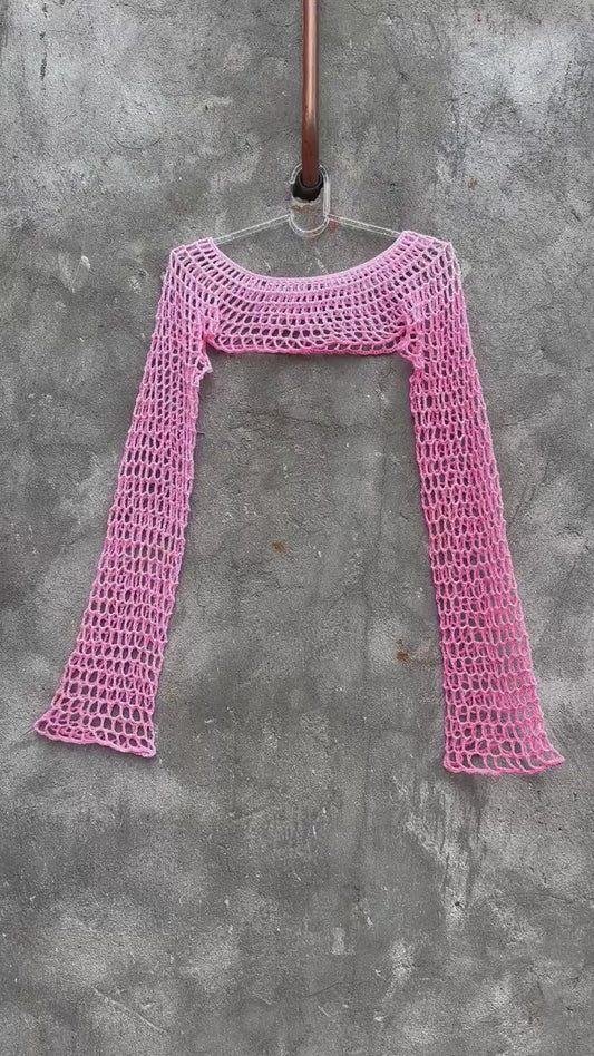 Crochet long sleeve mesh crop top pattern ladies Trendy y2k crop top See through top Easy crochet top lace sleeves Crochet shrug Fishnet top