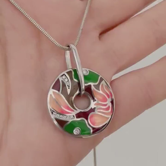 Sterling Silver Large Circle Pendant Necklace Colourful Enamel Floral Pendant Statement Multicolour Flower Jewelry Handmade gift Woman