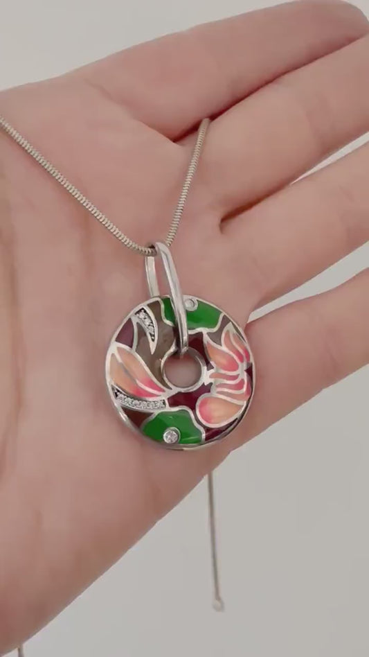 Sterling Silver Large Circle Pendant Necklace Colourful Enamel Floral Pendant Statement Multicolour Flower Jewelry Handmade gift Woman