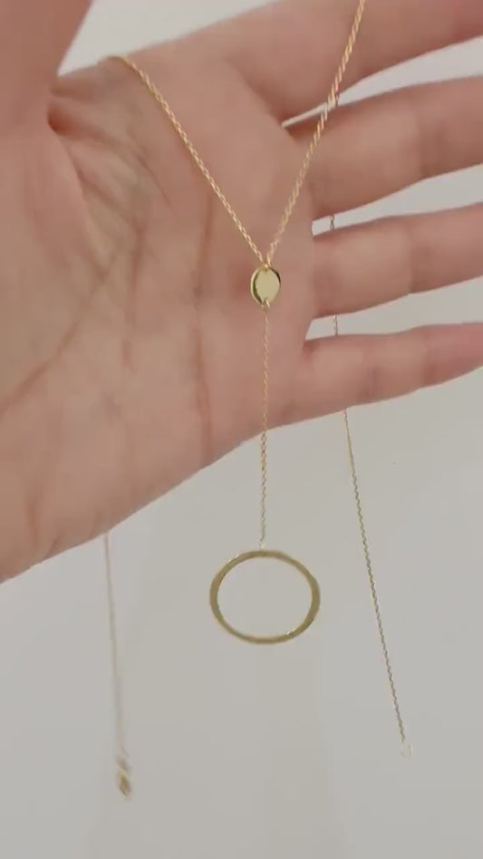 14k Solid Gold Long Open Circle Lariat Necklace Minimalist Jewelry Dainty Gold Necklace Tiny Chain Pendant Necklace Women Delicate Necklace