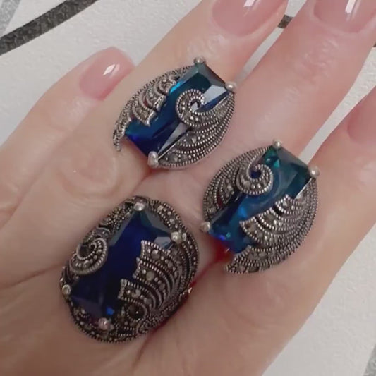 CZ Marcasite Jewelry Statement Earrings and Ring Set Armenian Sterling Silver Art Deco Sparkling Jewelry Set Women Evening Formal Jewelry